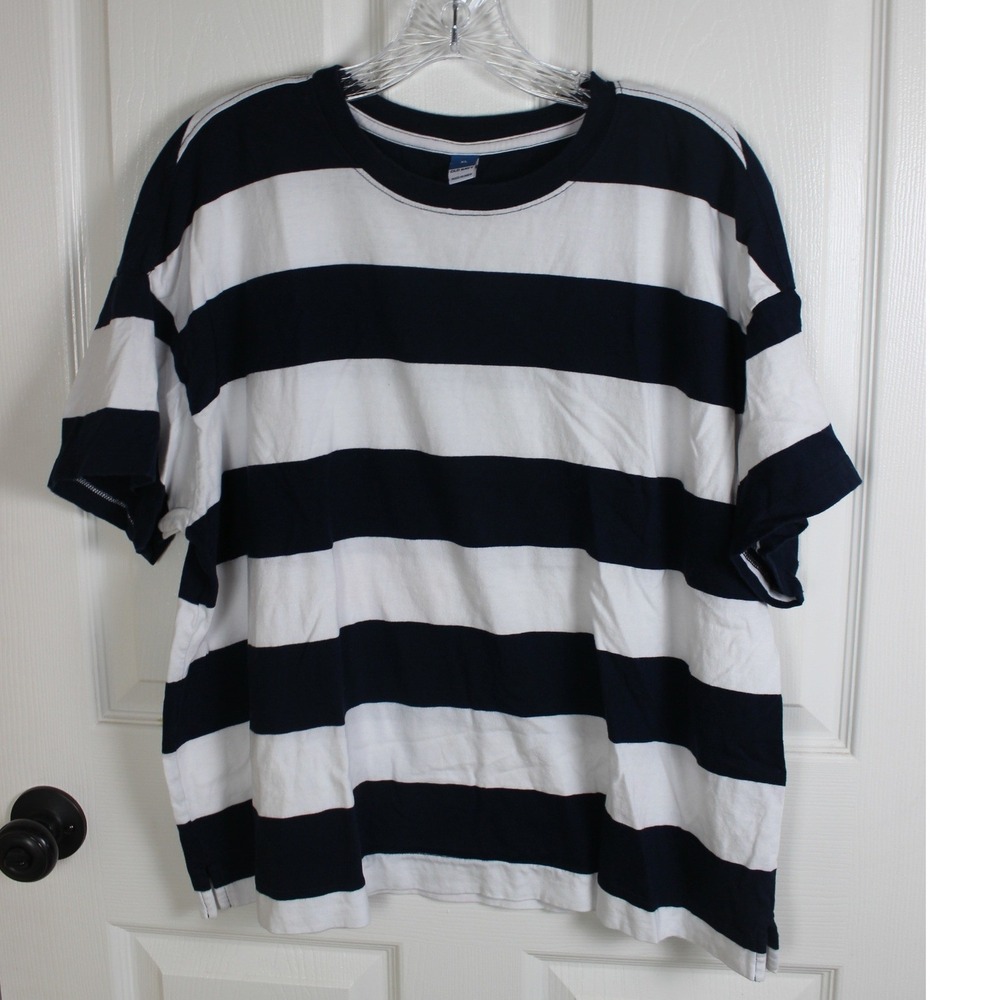 Old Navy Women XL Blue White Striped T Shirt Casual Cotton Crew Neck